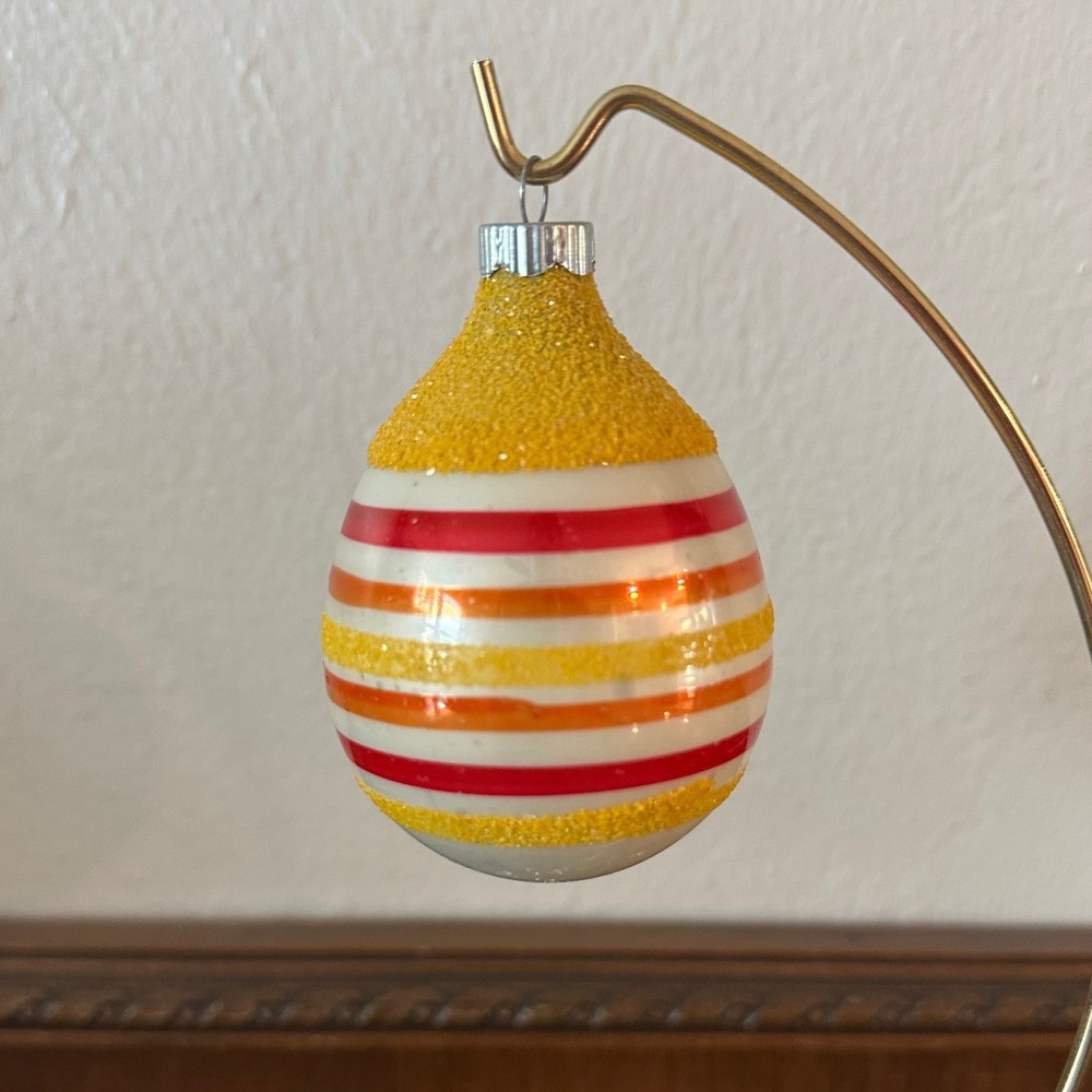 Shiny Brite Christmas Ornament Mica Striped Glass Oval Egg Yellow Red Orange